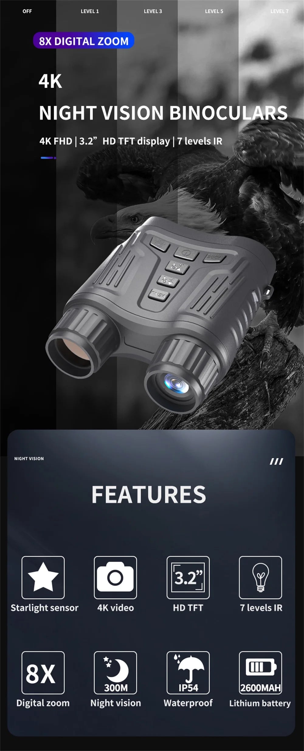 Ponbos NV2180 4K UHD Taktinen Yönäkökiikarit - 36MP Kamera, 8x Zoom, Infrapuna Metsästykseen ja Retkeilyyn