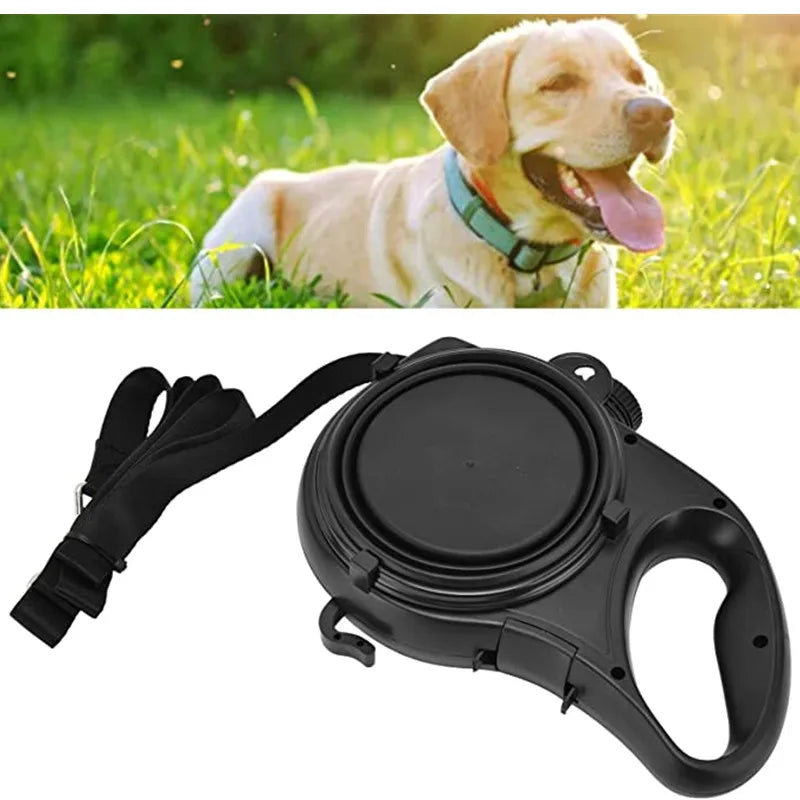 Multi-purpose dog leash, water bottle, bowl and poop bag dispenser