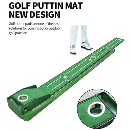 Golf putting practice mat, with guide lines and automatic ball return
