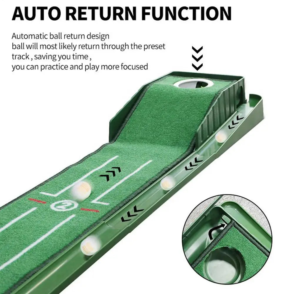Golf putting practice mat, with guide lines and automatic ball return
