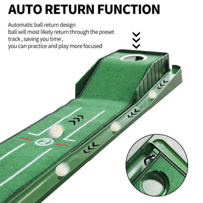 Golf putting practice mat, with guide lines and automatic ball return