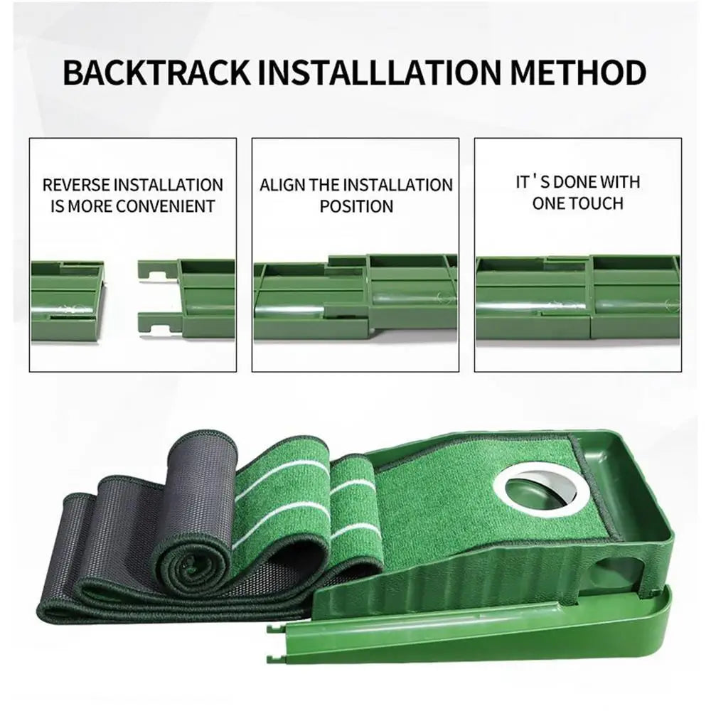 Golf putting practice mat, with guide lines and automatic ball return