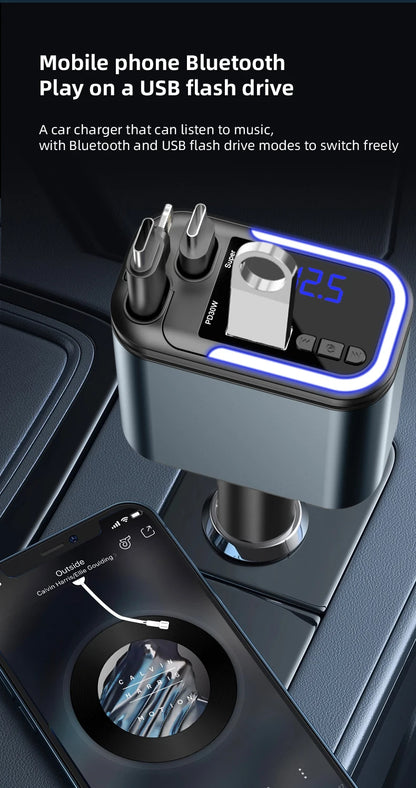 5-in-1 180W Autolaturi – Bluetooth 5.0 FM-lähetin, Pikalataus ja LED-valaistus