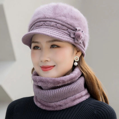 Women's winter hat and scarf set, fur-lined floral knitted hat