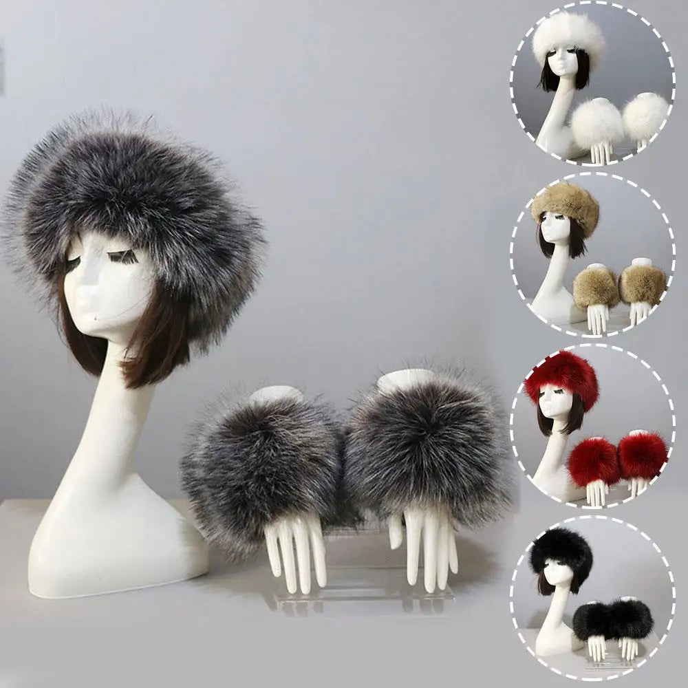 Women's fox fur coat 3-piece winter set, headband, hat and wrist warmers