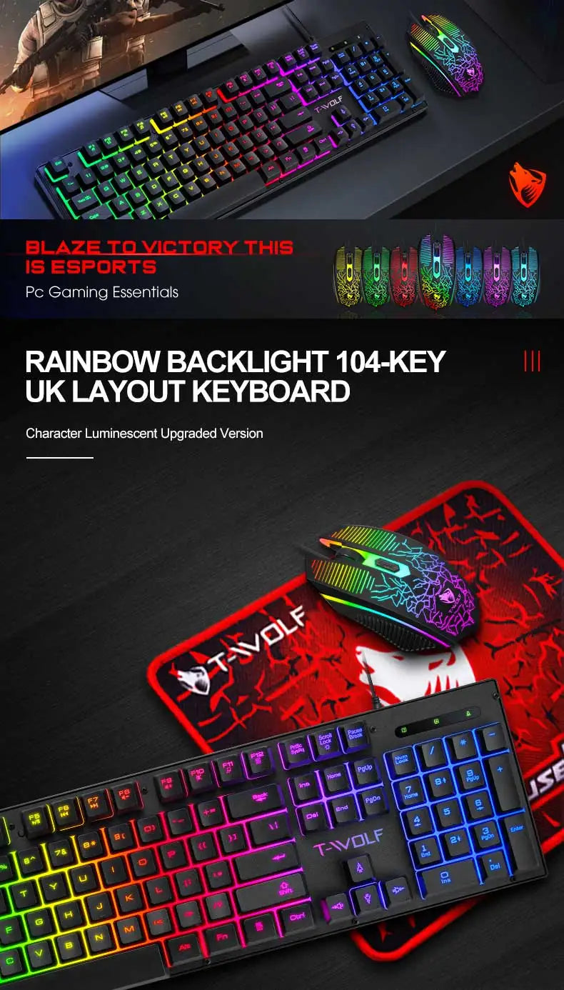 Wired RGB keyboard and mouse set for gaming and work