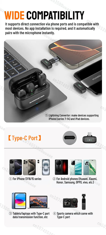 Monster N10 PRO Wireless Lavalier Microphone, 1 Receiver + 2 Transmitters