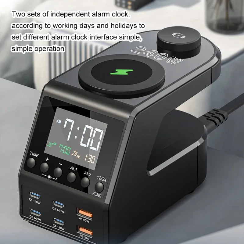 240W Langaton Latausasema – All-in-One Digitaalikello, Herätyskello ja Pikalataus