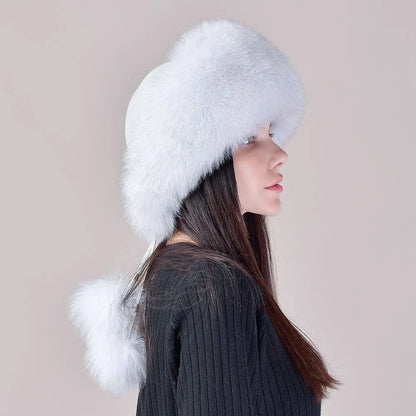 Women's genuine fox fur hat with earflaps, thick luxury winter hat