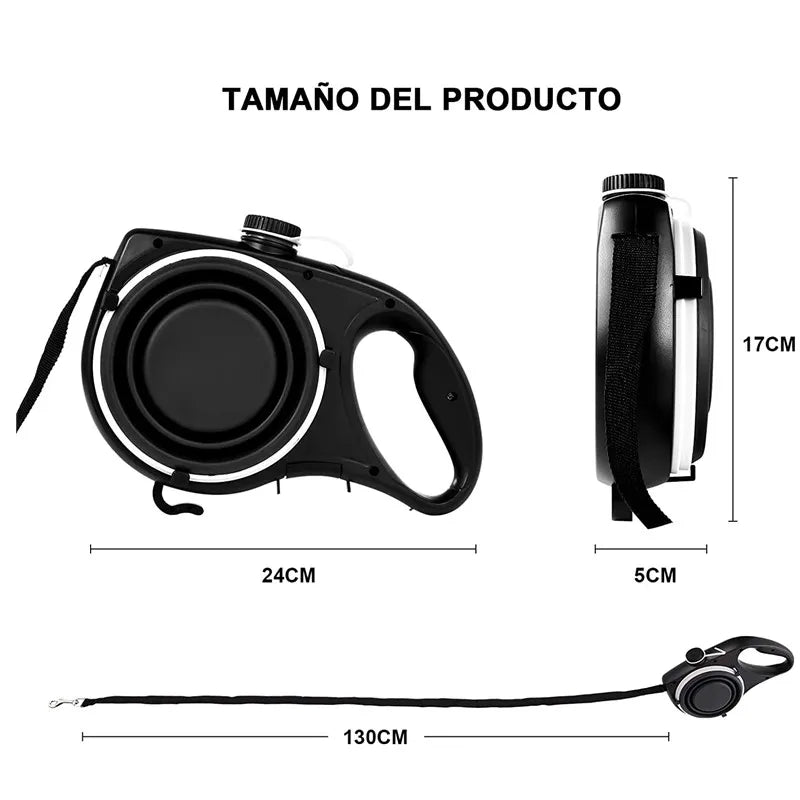 Multi-purpose dog leash, water bottle, bowl and poop bag dispenser