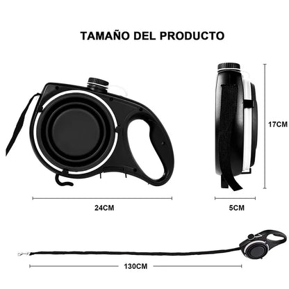 Multi-purpose dog leash, water bottle, bowl and poop bag dispenser