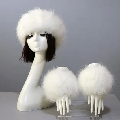 Women's fox fur coat 3-piece winter set, headband, hat and wrist warmers