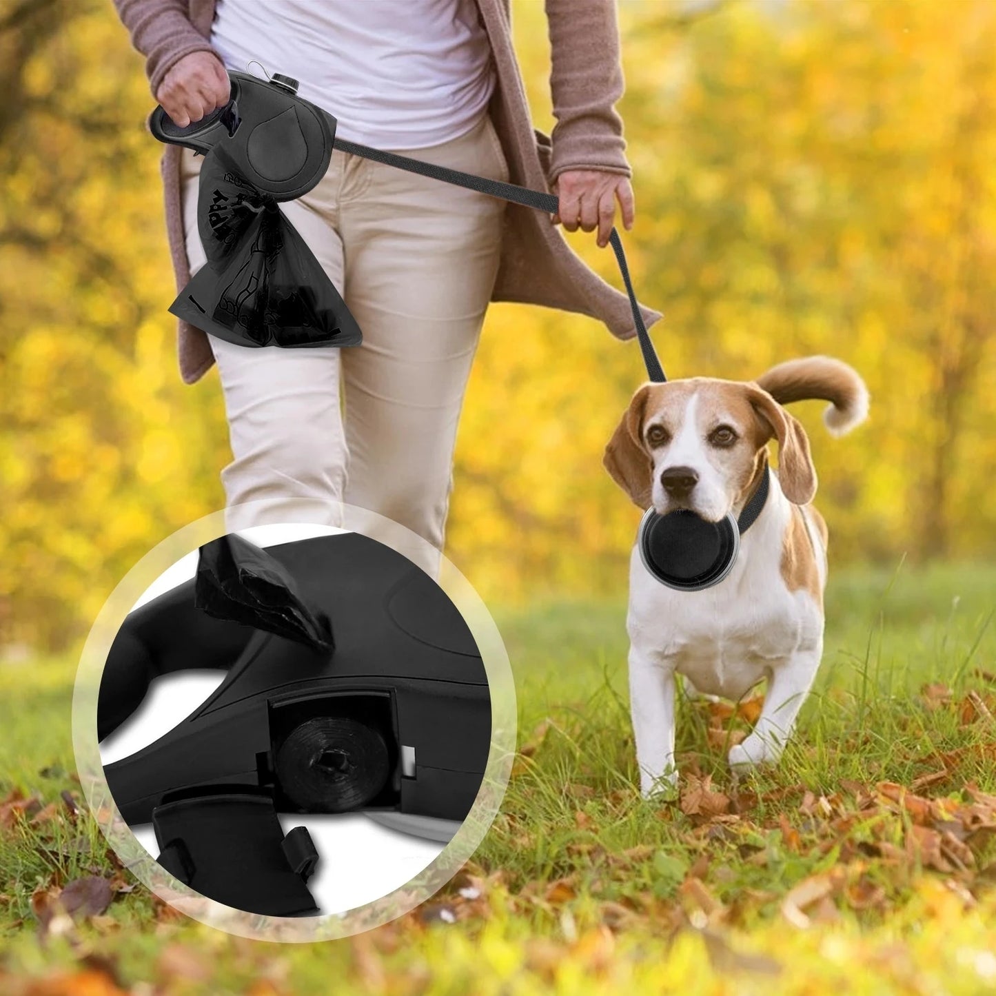 Multi-purpose dog leash, water bottle, bowl and poop bag dispenser