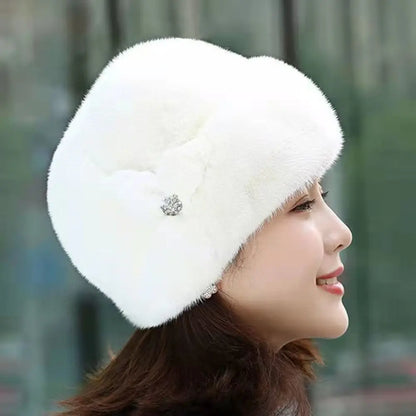 Women's rabbit fur hat with floral decoration, various colors