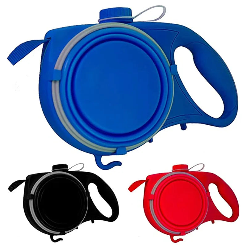 Multi-purpose dog leash, water bottle, bowl and poop bag dispenser