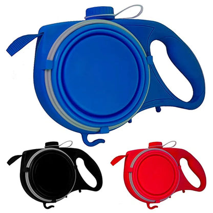 Multi-purpose dog leash, water bottle, bowl and poop bag dispenser
