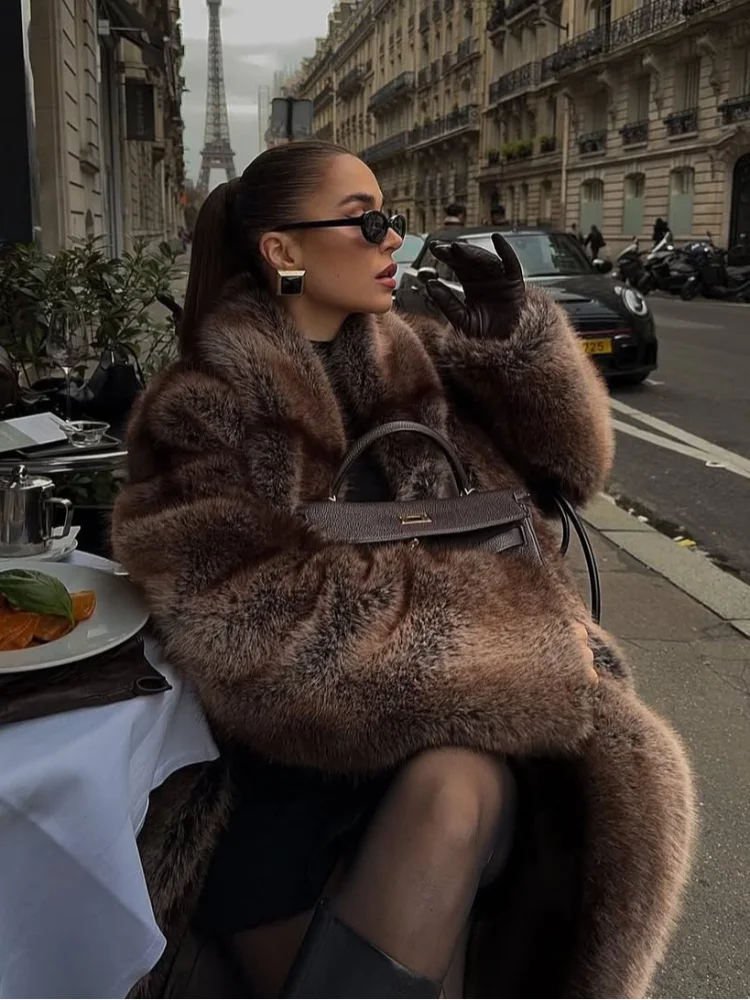 Long luxurious faux fur coat for women, lapel collar, long model