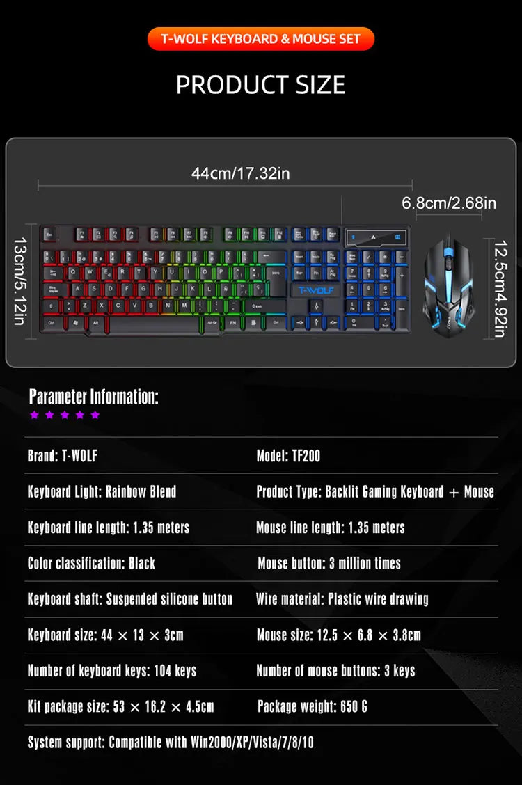 Keyboard and mouse set for gaming, backlit, wired
