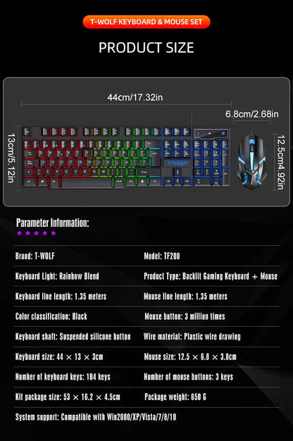 Keyboard and mouse set for gaming, backlit, wired