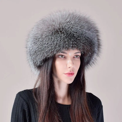 Women's genuine fox fur hat with earflaps, thick luxury winter hat
