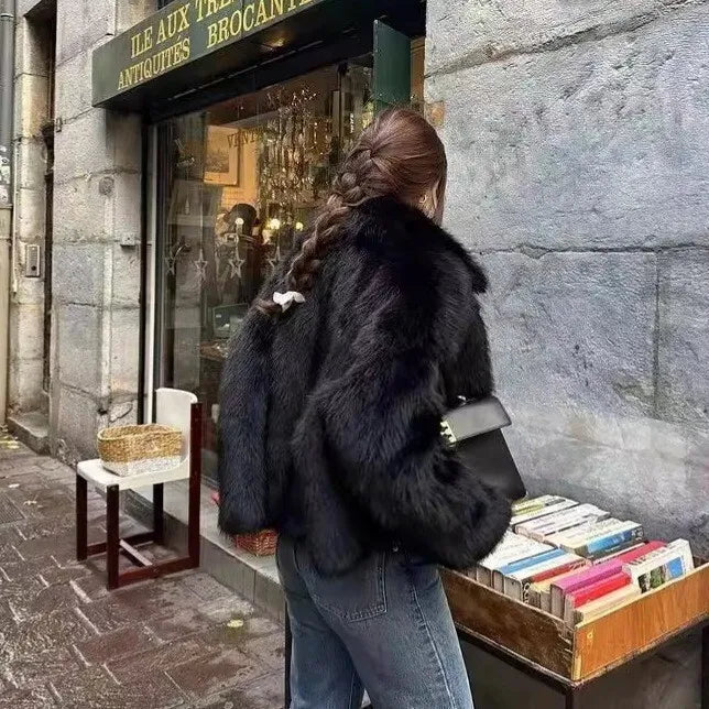 MYMX Faux fur jacket for women, large collar, short model