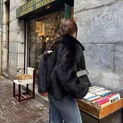 MYMX Faux fur jacket for women, large collar, short model