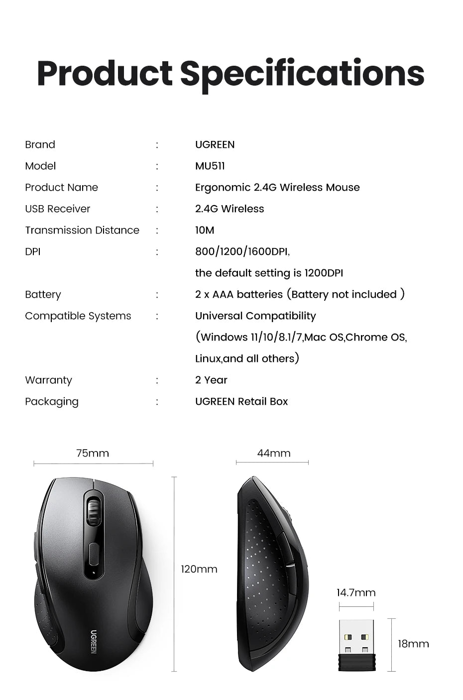 UGREEN Langaton Hiiri 1600DPI - Hiljainen 2.4GHz USB-hiiri PC & MacBook
