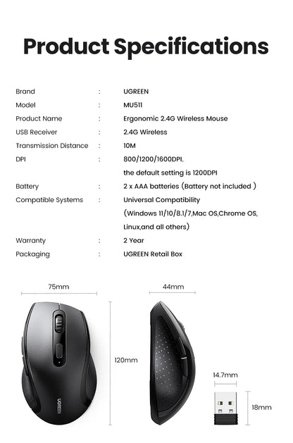 UGREEN Langaton Hiiri 1600DPI - Hiljainen 2.4GHz USB-hiiri PC & MacBook