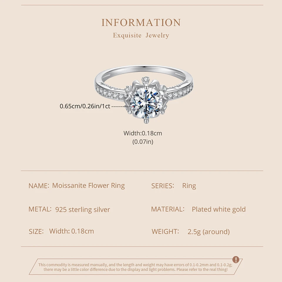 BAMOER Kukka Moissanite -sormus, 925 hopea, moissanite-kivi keskellä