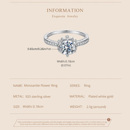 BAMOER Kukka Moissanite -sormus, 925 hopea, moissanite-kivi keskellä