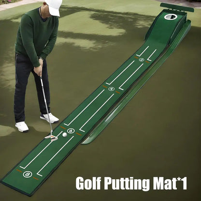 Golf putting practice mat, with guide lines and automatic ball return