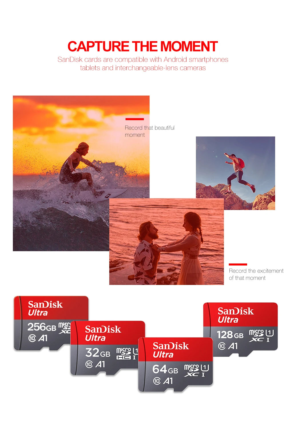 SanDisk MicroSD-muistikortti, 256GB/128GB/64GB/32GB, Class 10, UHS-1