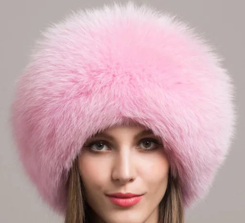 Women's genuine fox fur hat with earflaps, thick luxury winter hat