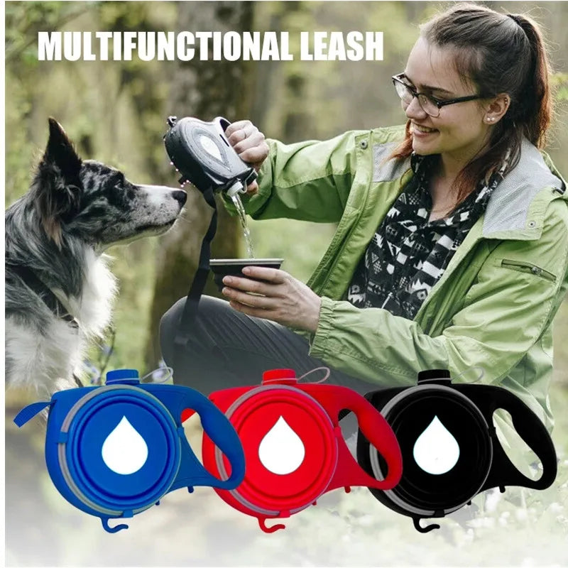 Multi-purpose dog leash, water bottle, bowl and poop bag dispenser