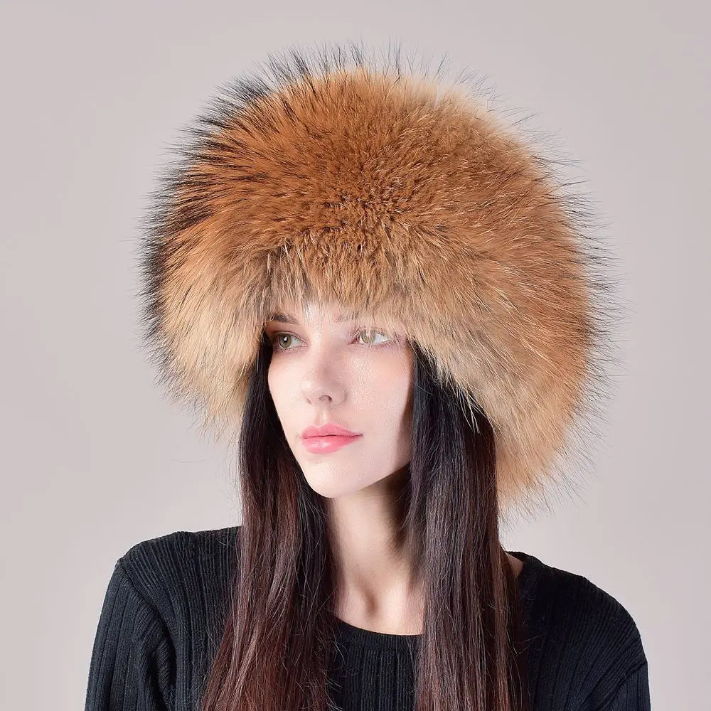 Women's genuine fox fur hat with earflaps, thick luxury winter hat