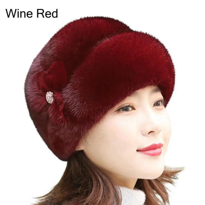 Women's rabbit fur hat with floral decoration, various colors