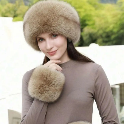 Women's fox fur coat 3-piece winter set, headband, hat and wrist warmers