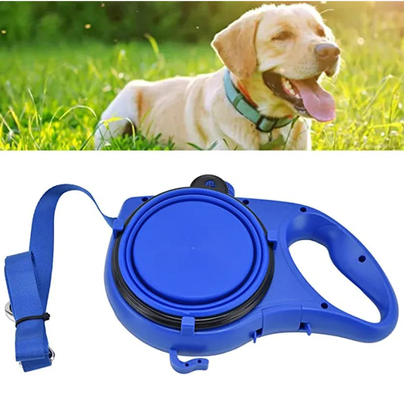 Multi-purpose dog leash, water bottle, bowl and poop bag dispenser