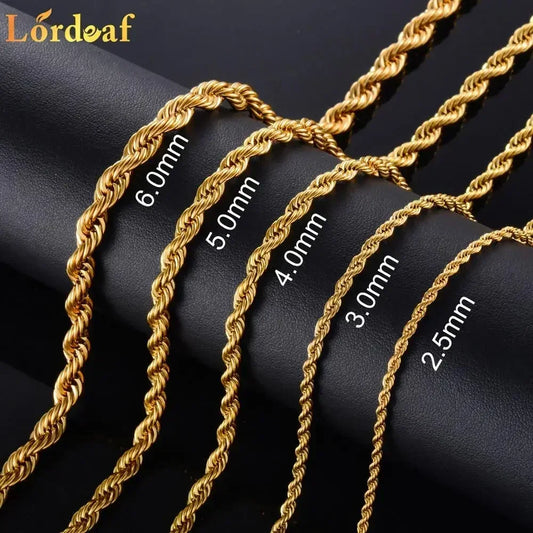 18K gold plated twisted rope chain necklace, 2.5-5mm, for men and women