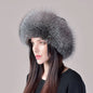 Women's genuine fox fur hat with earflaps, thick luxury winter hat