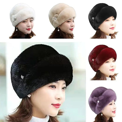 Women's rabbit fur hat with floral decoration, various colors
