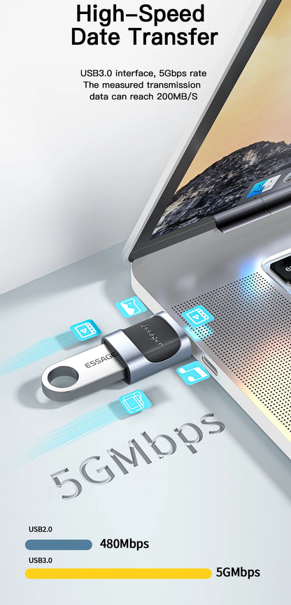 Essager USB 3.0 to Type-C OTG Adapteri - USB-A Muunnin MacBook & Laptop