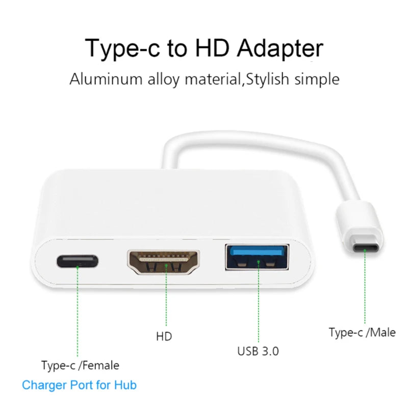 USB-C Hub HDMI 4K Adapteri - 3-in-1 Type-C Muunnin MacBook & Laptop
