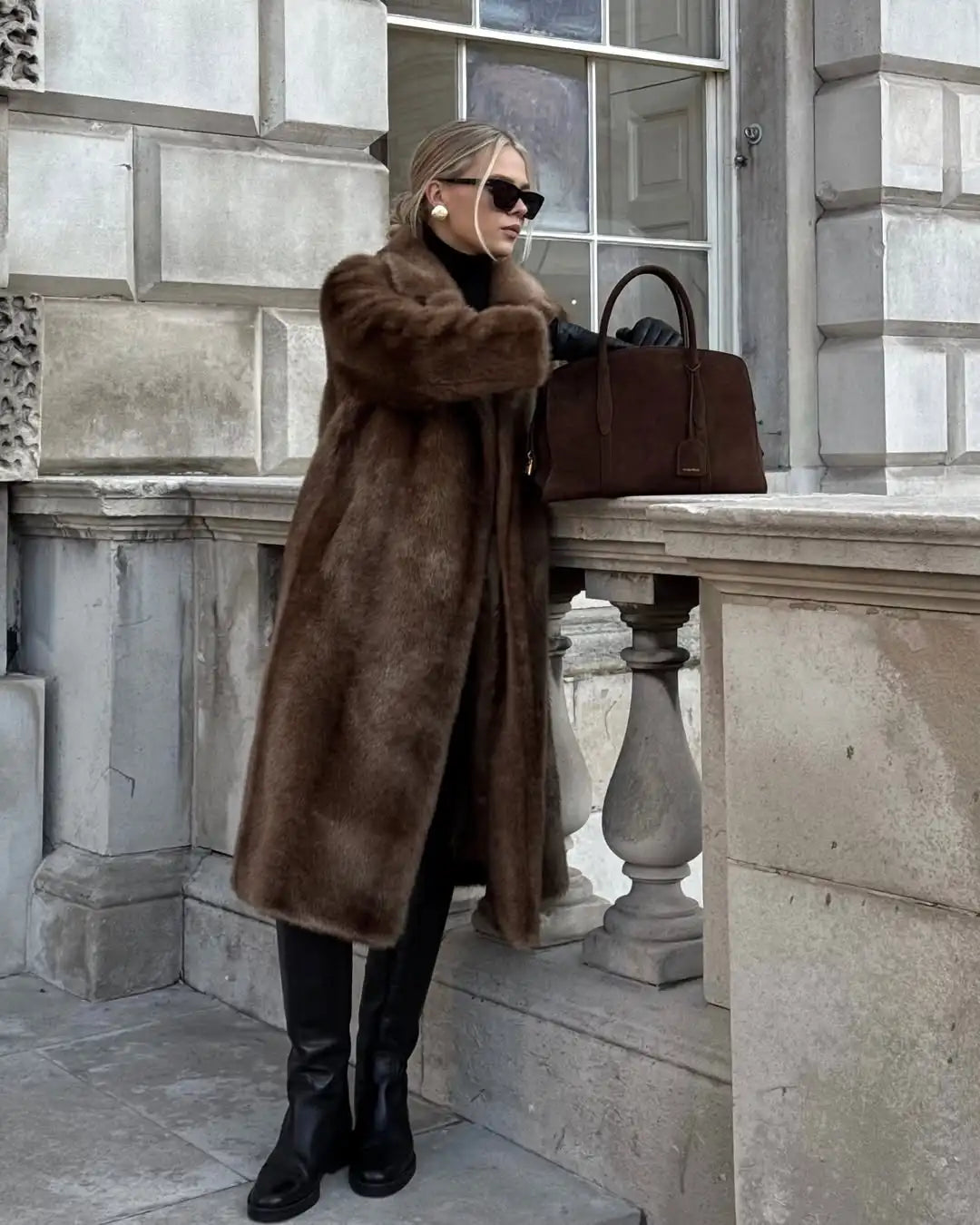 Long luxurious faux fur coat for women, lapel collar, long model