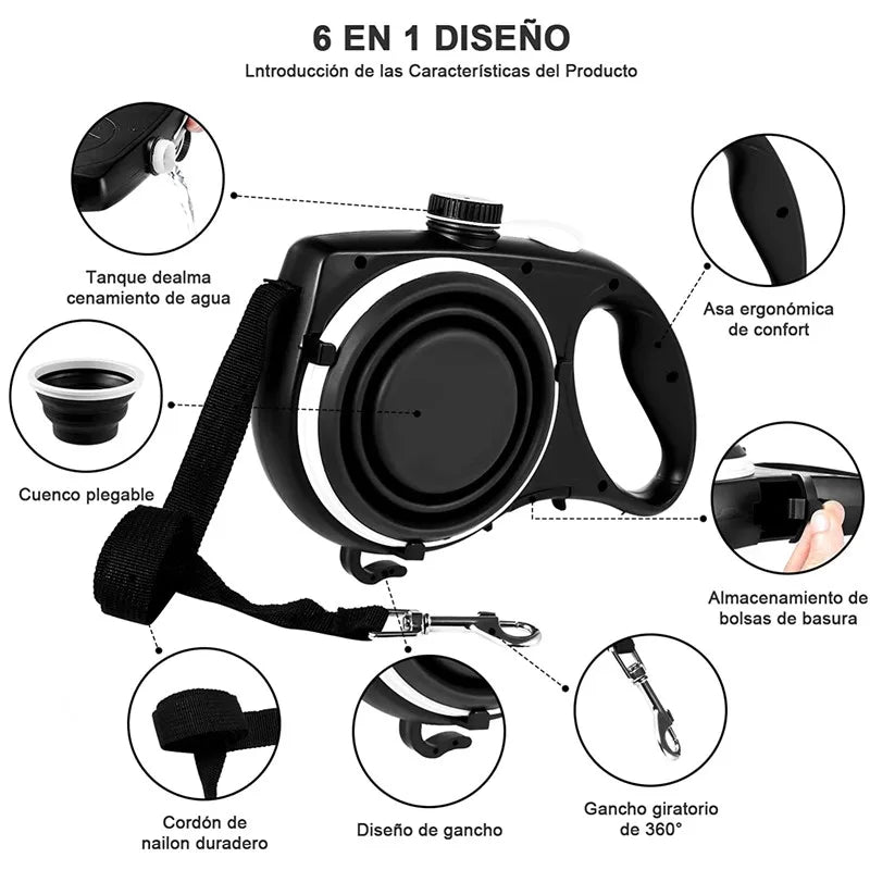 Multi-purpose dog leash, water bottle, bowl and poop bag dispenser