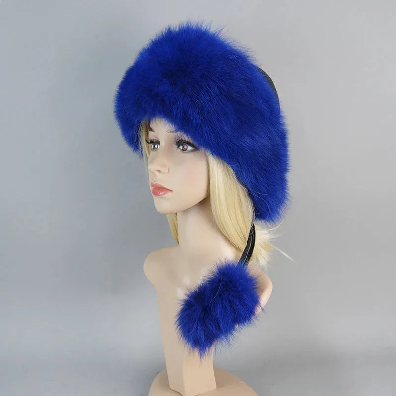 Women's genuine fox fur hat with earflaps, thick luxury winter hat