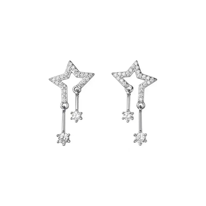 Star stud earrings with zirconia stones and tassels, trendy silver design