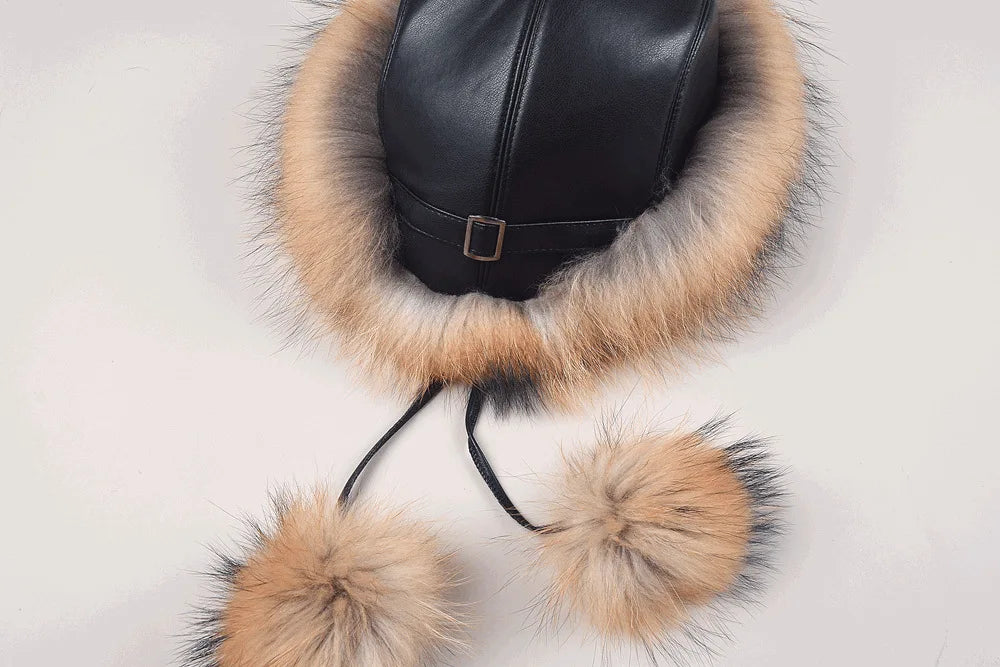 Women's genuine fox fur hat with earflaps, thick luxury winter hat