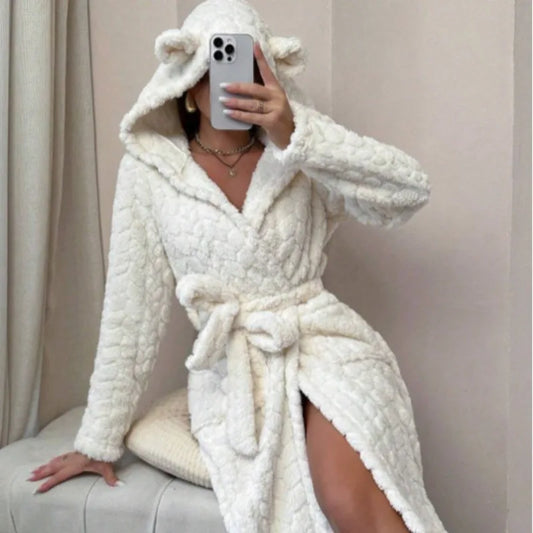 Women's hooded bathrobe with ears