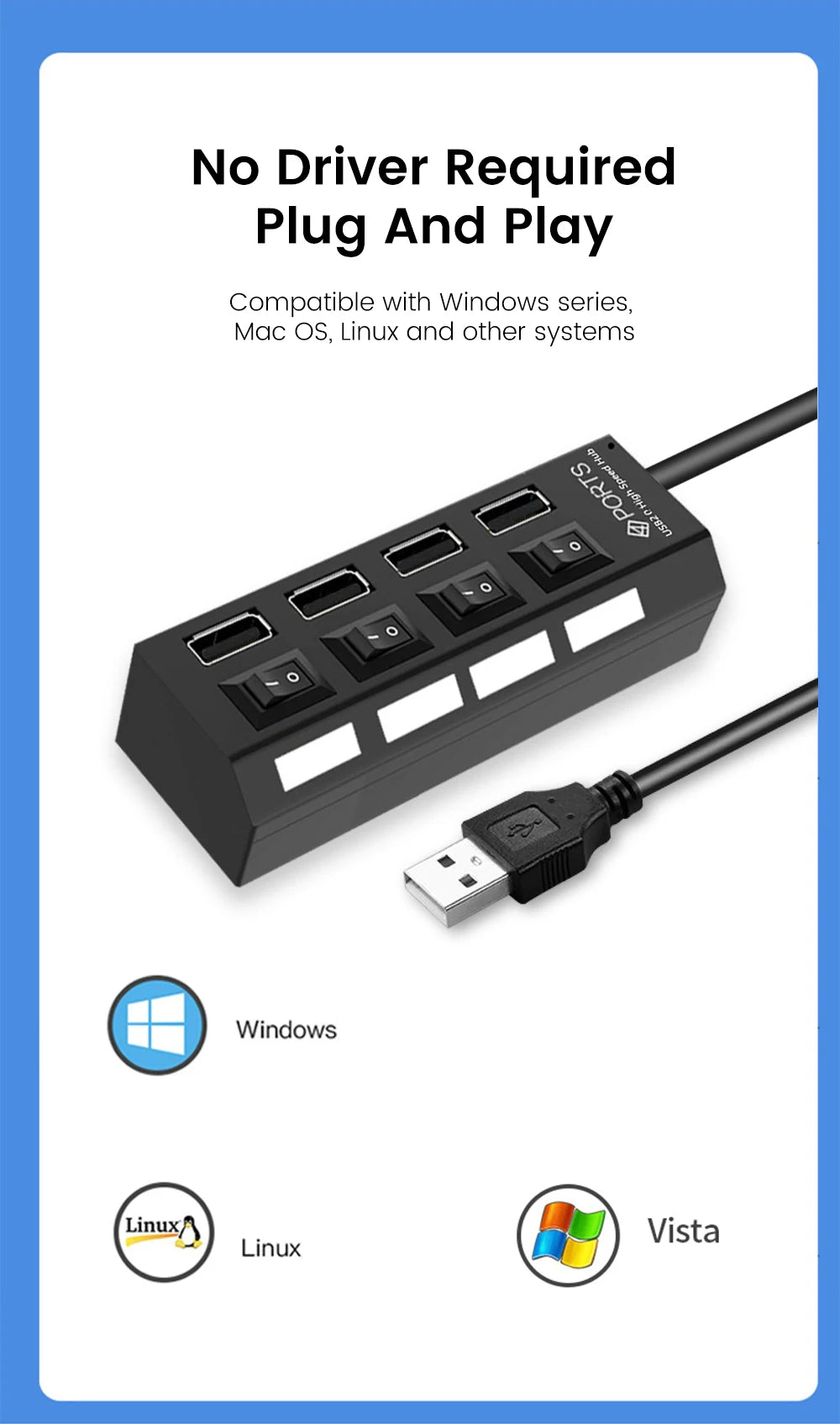 Elough USB 2.0 Hub 4/7 Porttia - Nopea Moniliitäntäinen Jakaja Kytkimellä